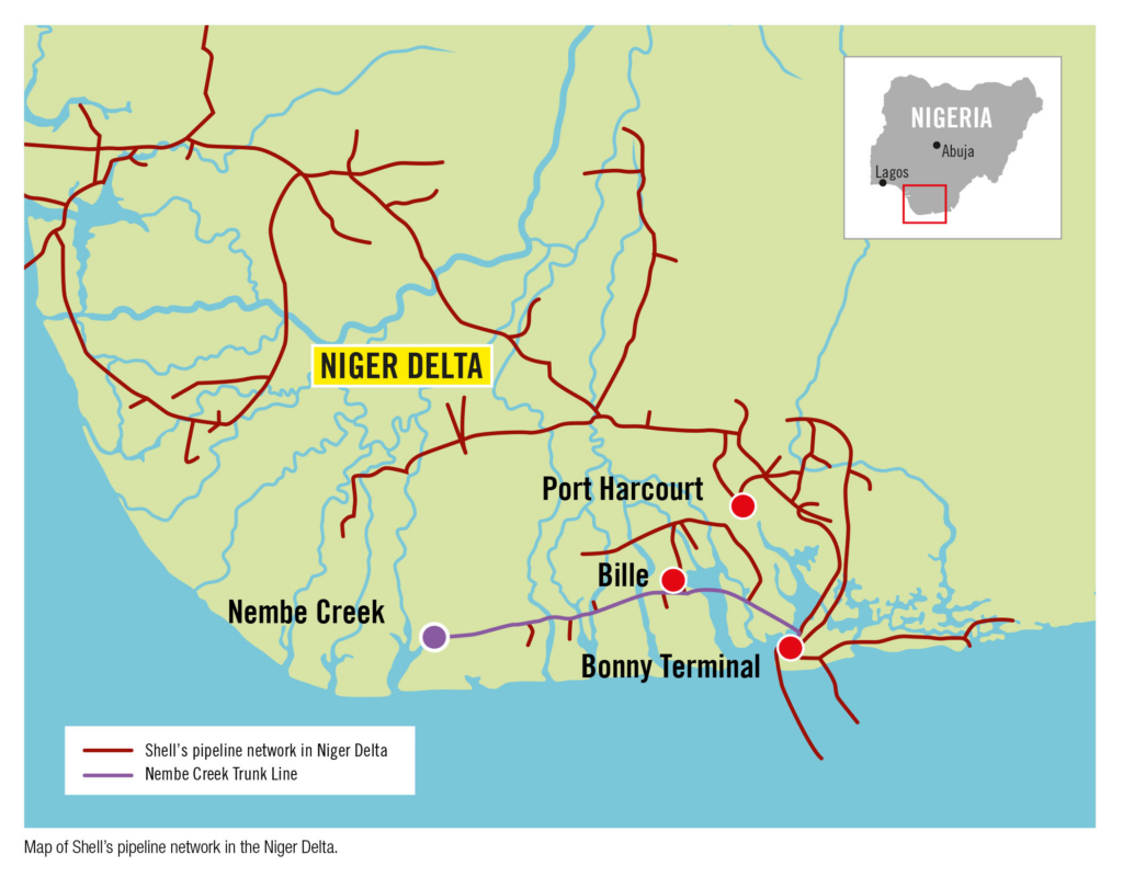 Mapa de la red de oleoductos de la petrolera Shell en la delta del río Níger en Nigeria.